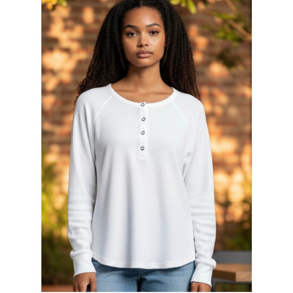 ☀️Bobi Los Angeles White Waffle Knit Henley Long Sleeve Top Size M NWT